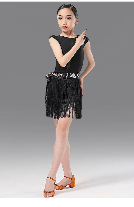 MLX.L8142+8338 GIRLS BLACK FRINGE SKIRT FRINGE SUIT