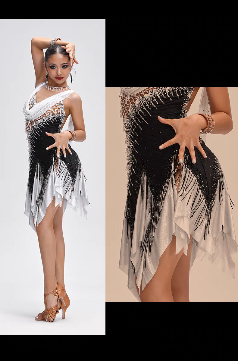 YUN.L036FDD Black & White Mesh Latin Dance Dress with Fringe Detail