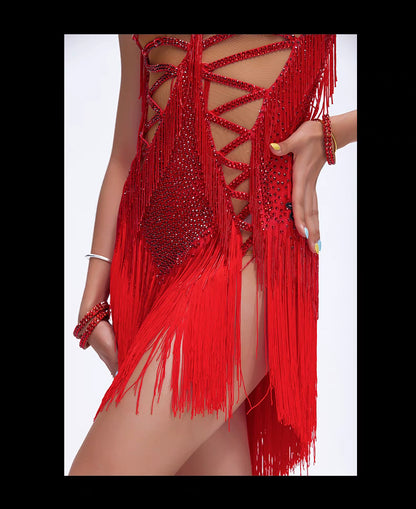 YUN.L039FDD Red Strappy Fringe Latin Dance Dress