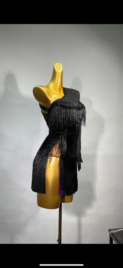 Black With Purple Fringe Latin Costume