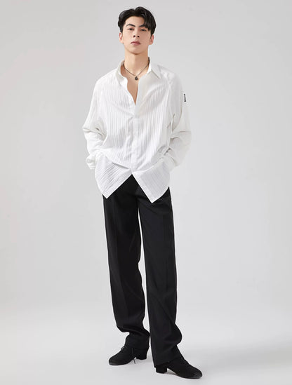 BOBO.L005MTE Elegant Textured White and Black Oversize Mens Latin Shirt