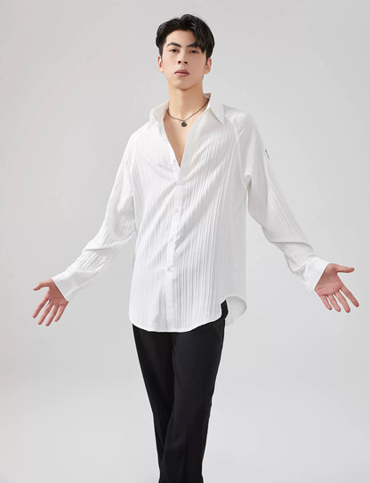 BOBO.L005MTE Elegant Textured White and Black Oversize Mens Latin Shirt