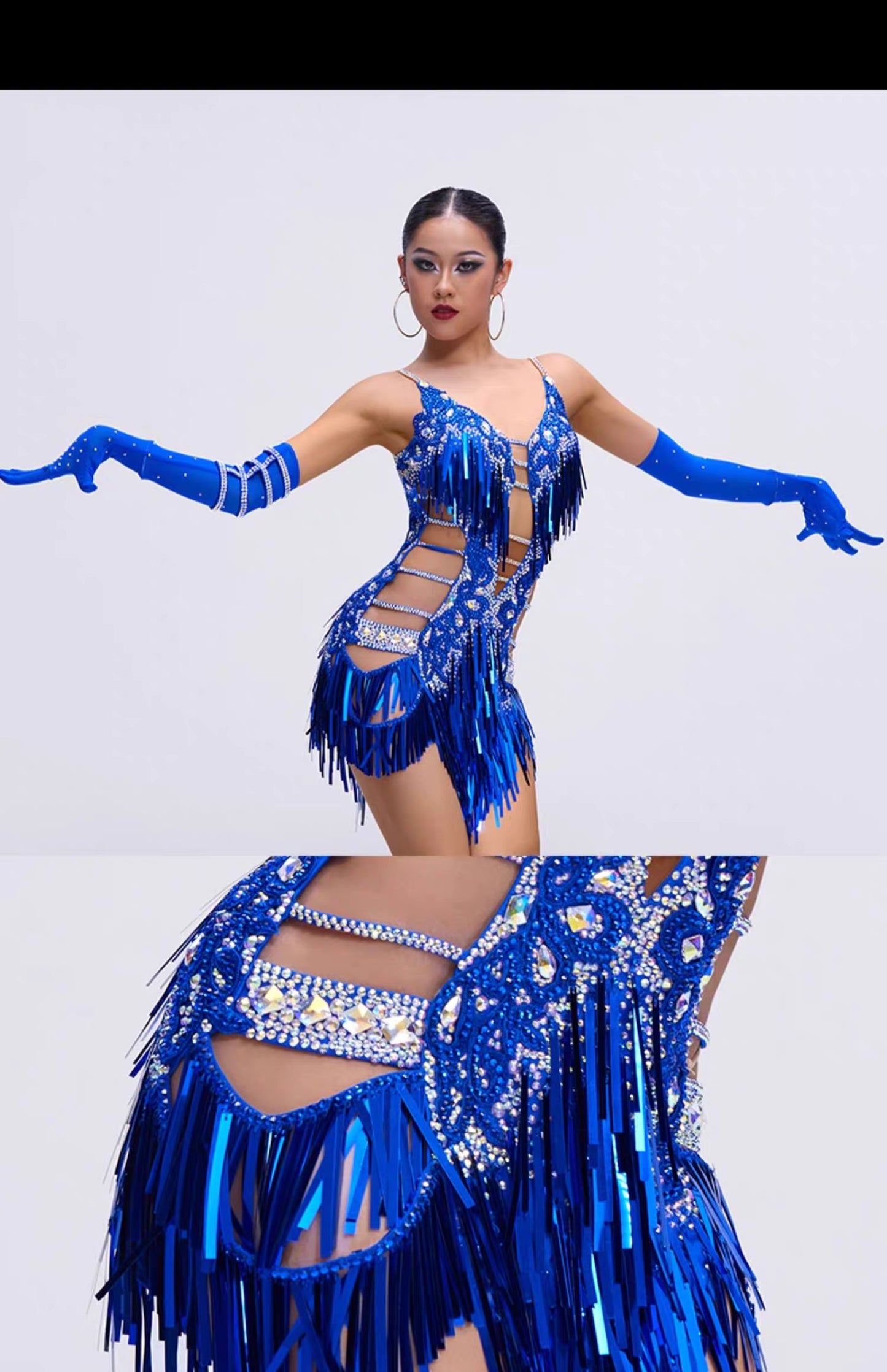 YUN.L032FDD Royal Blue Cut-Out Fringe Dance Dress with Crystal Accents