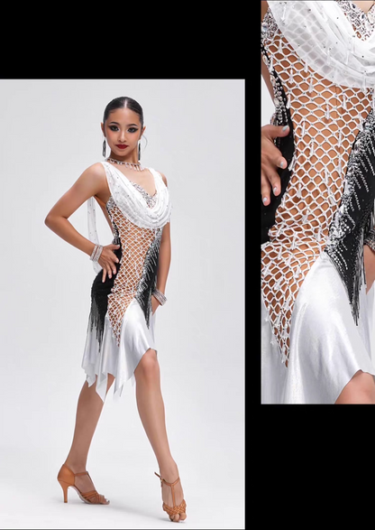 YUN.L036FDD Black & White Mesh Latin Dance Dress with Fringe Detail