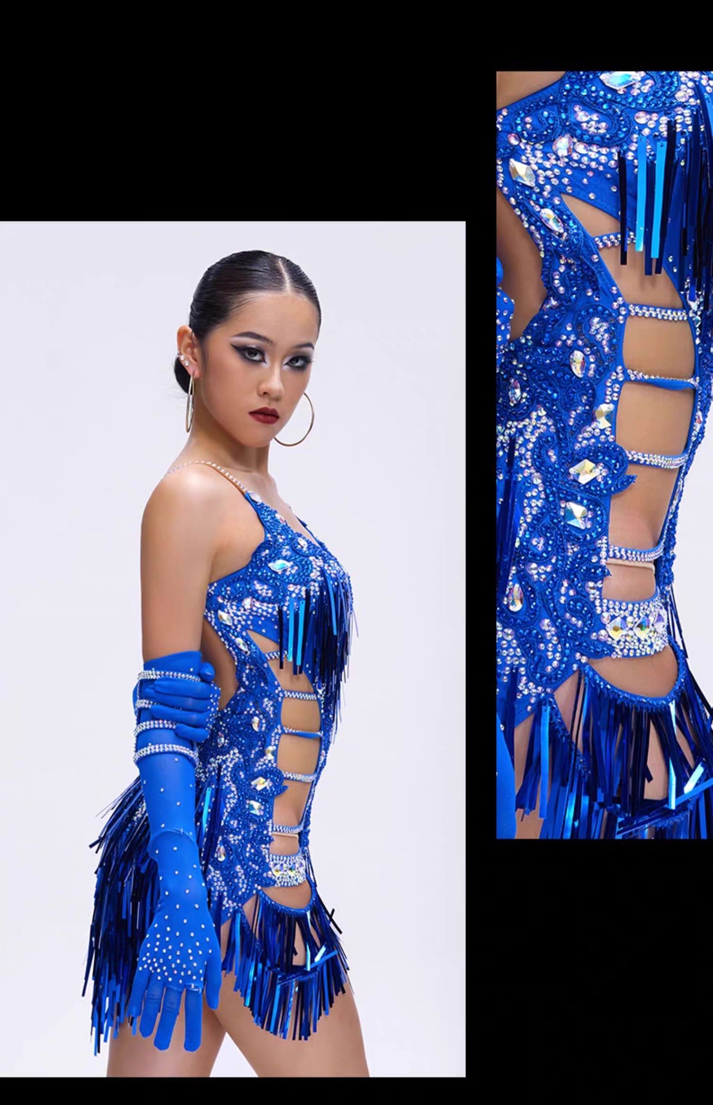 YUN.L032FDD Royal Blue Cut-Out Fringe Dance Dress with Crystal Accents