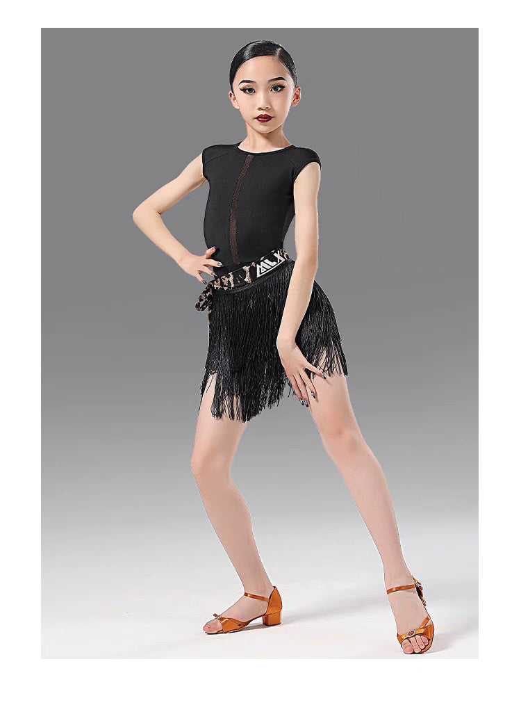 MLX.L8142+8338 GIRLS BLACK FRINGE SKIRT FRINGE SUIT