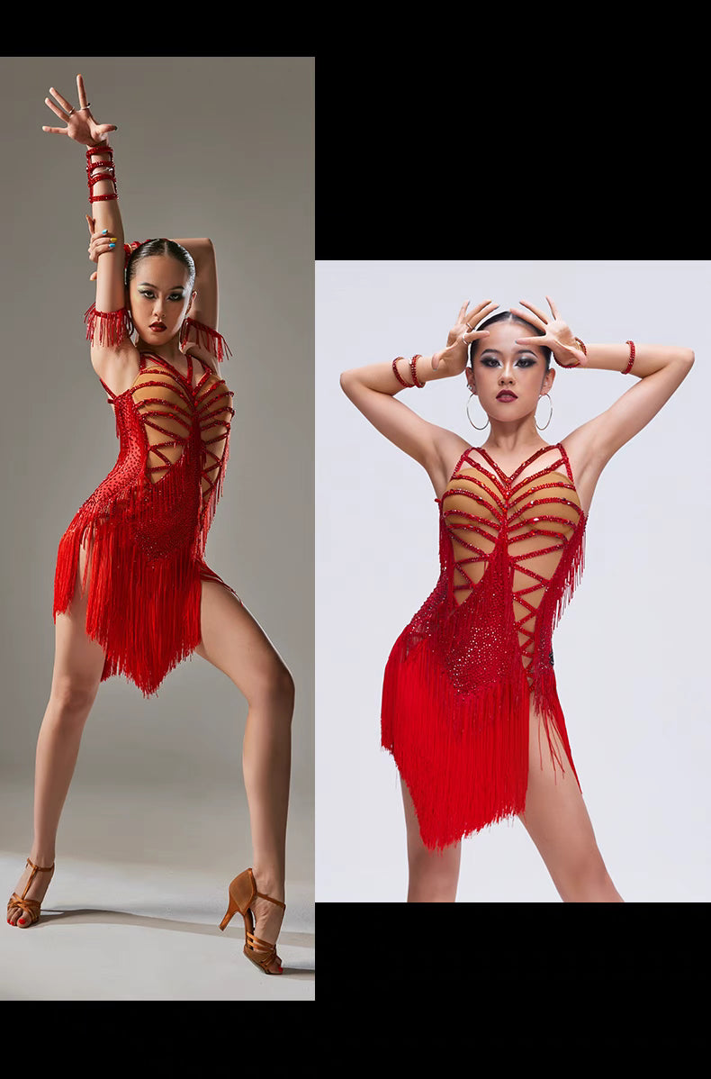 YUN.L039FDD Red Strappy Fringe Latin Dance Dress