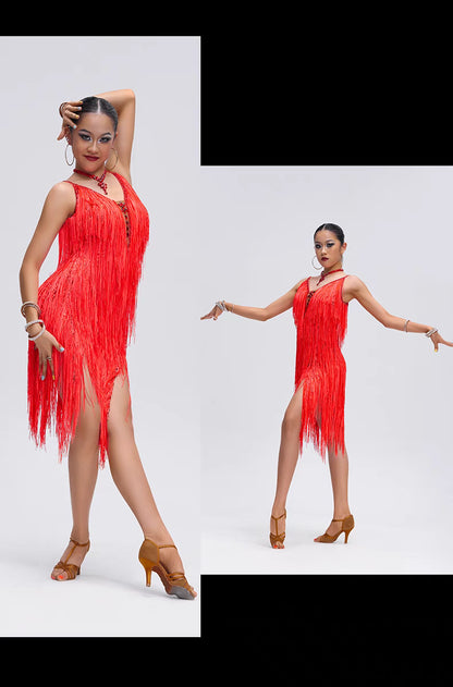 YUN.L035FDD Orange Fringe Latin Dance Costume