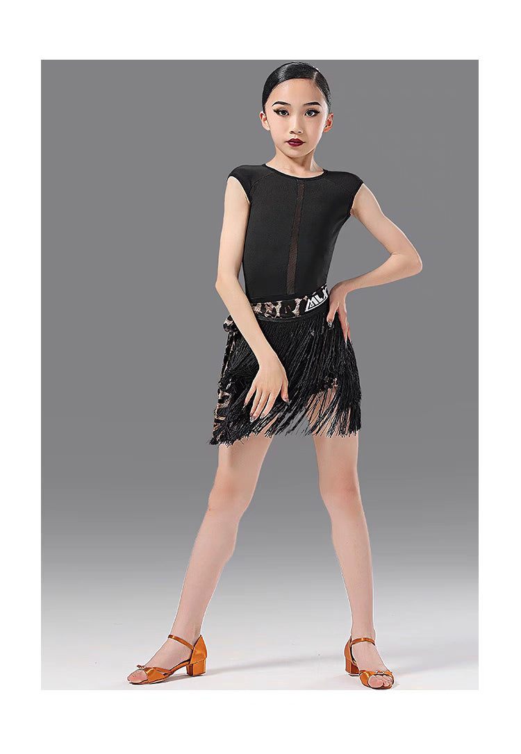 MLX.L8142+8338 GIRLS BLACK FRINGE SKIRT FRINGE SUIT