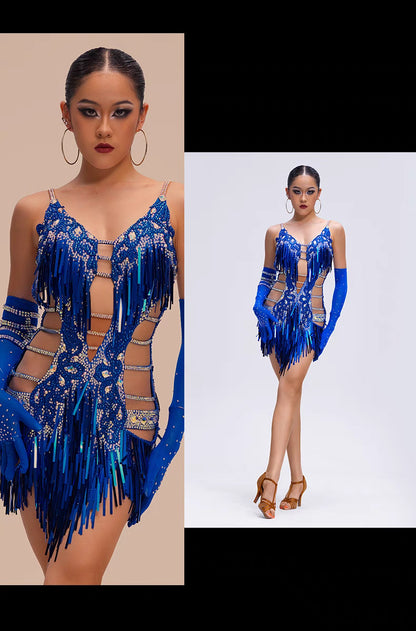 YUN.L032FDD Royal Blue Cut-Out Fringe Dance Dress with Crystal Accents