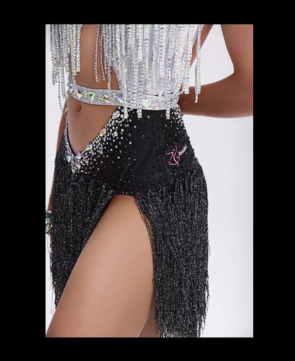 YUN.L040FDD White & Black Fringe Two-Piece Latin Dance Outfit