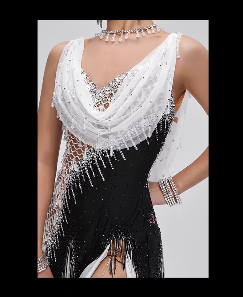 YUN.L036FDD Black & White Mesh Latin Dance Dress with Fringe Detail