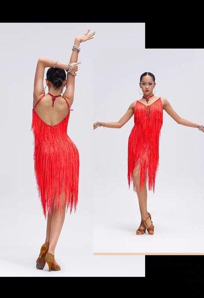 YUN.L035FDD Orange Fringe Latin Dance Costume