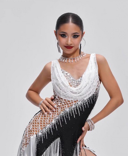 YUN.L036FDD Black & White Mesh Latin Dance Dress with Fringe Detail