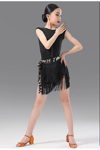 MLX.L8142+8338 GIRLS BLACK FRINGE SKIRT FRINGE SUIT