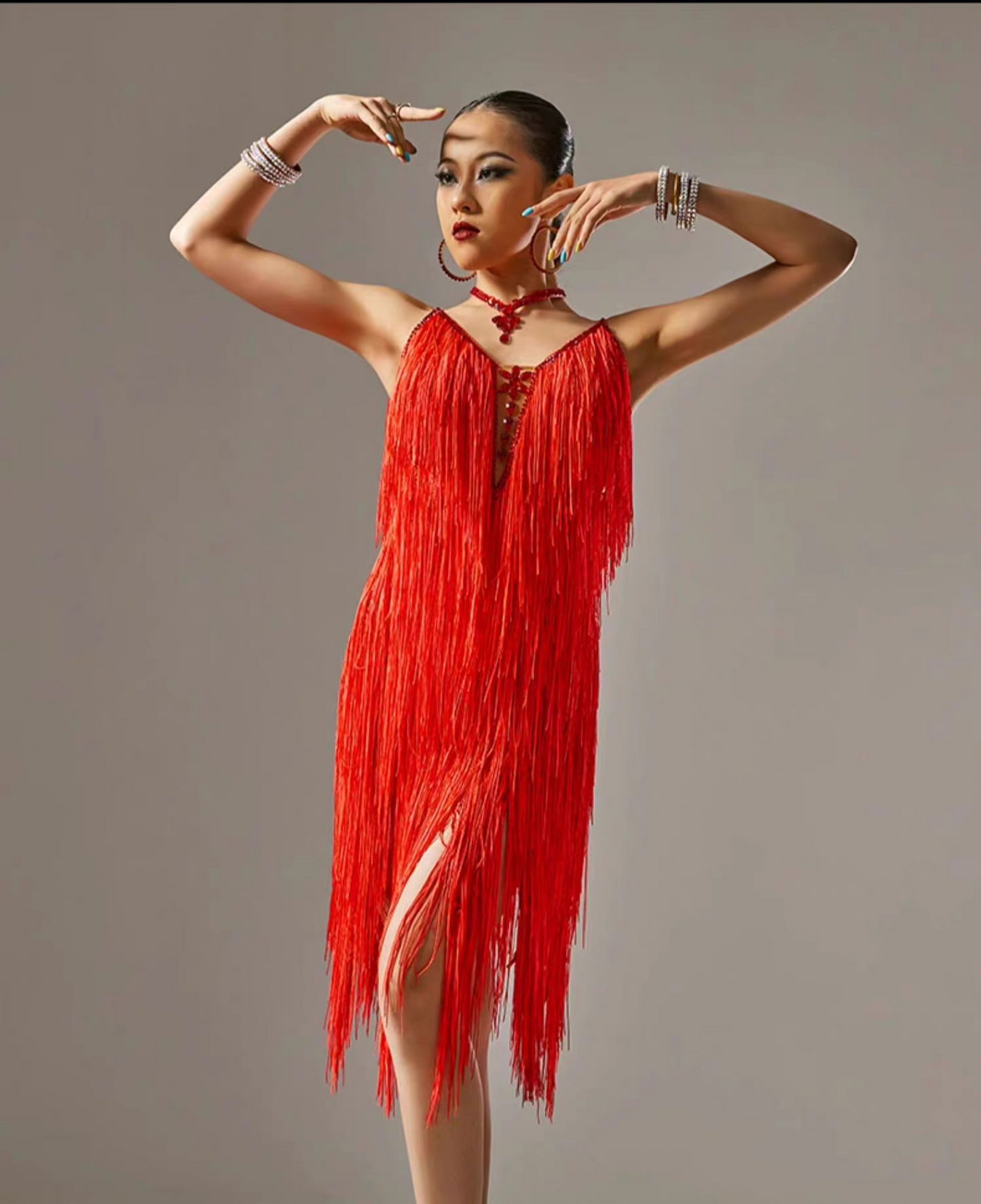 YUN.L035FDD Orange Fringe Latin Dance Costume