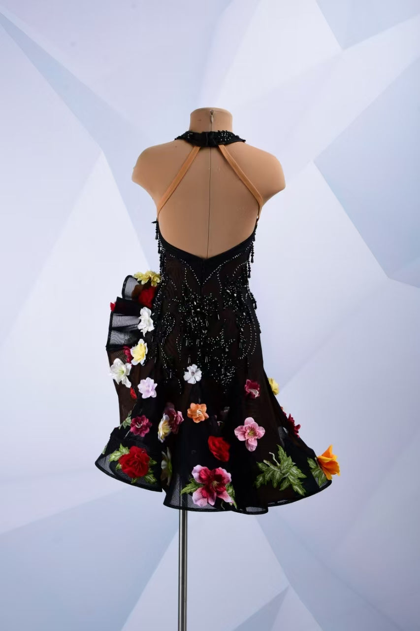 PERMINO.L260 Floral Black Beaded Latin Dance Dress with 3D Flower Appliques