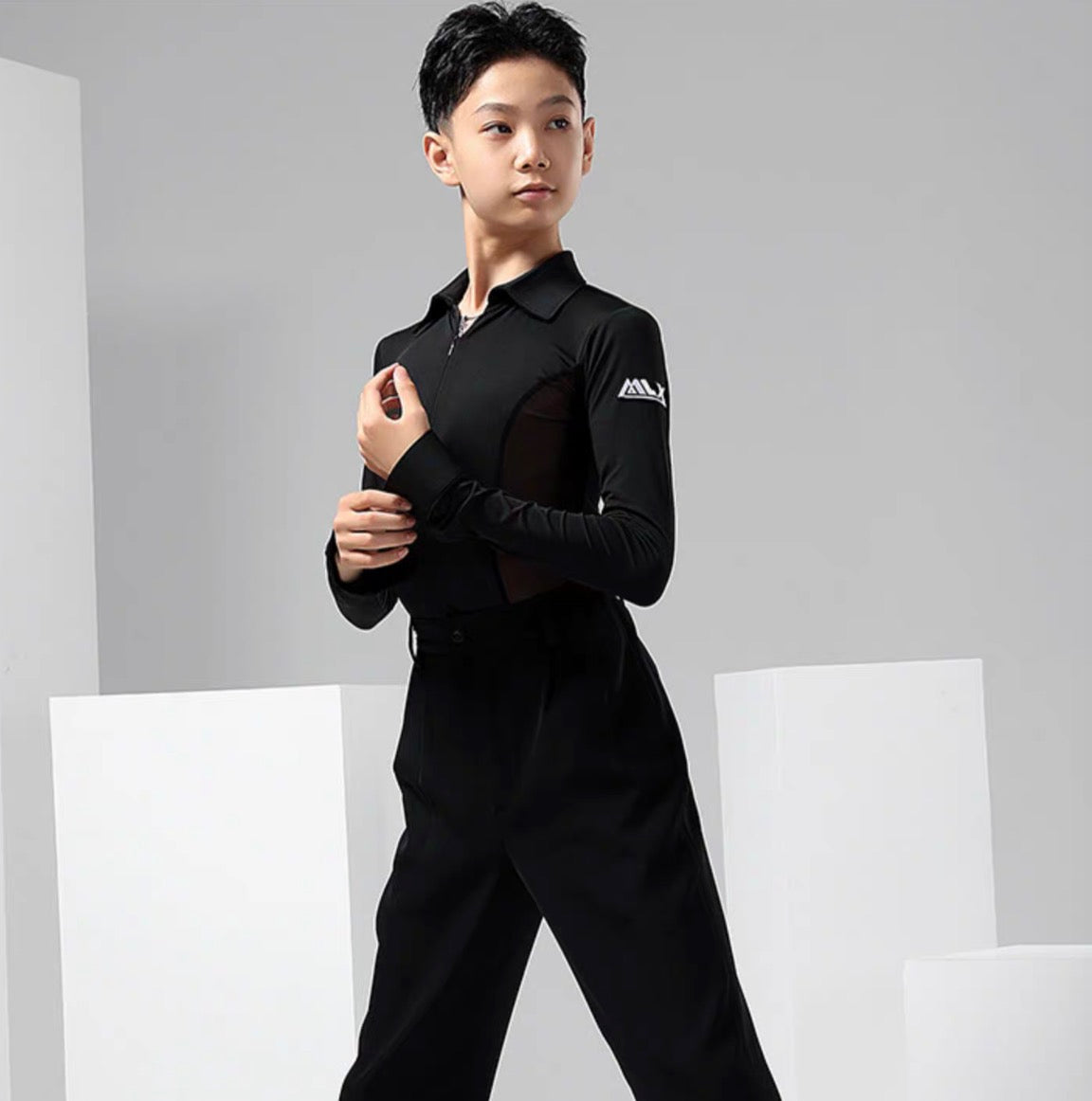 MLX.L9110 BOYS LATIN PRACTICE DANCEWEAR MESH SHIRT WITHOUT BOW TIE