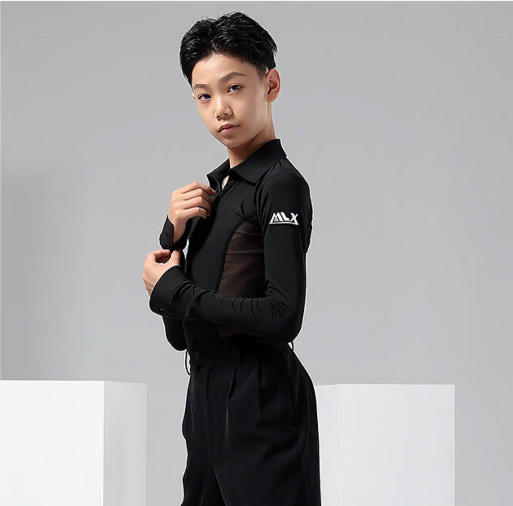 MLX.L9110 BOYS LATIN PRACTICE DANCEWEAR MESH SHIRT WITHOUT BOW TIE