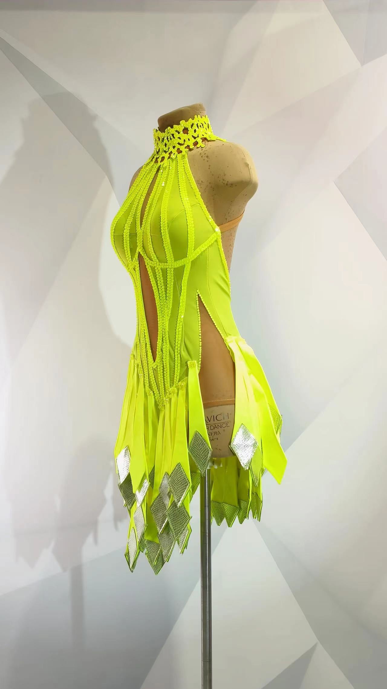 MINEJAS.L012F Neon Yellow Cut-Out Latin Dance Dress