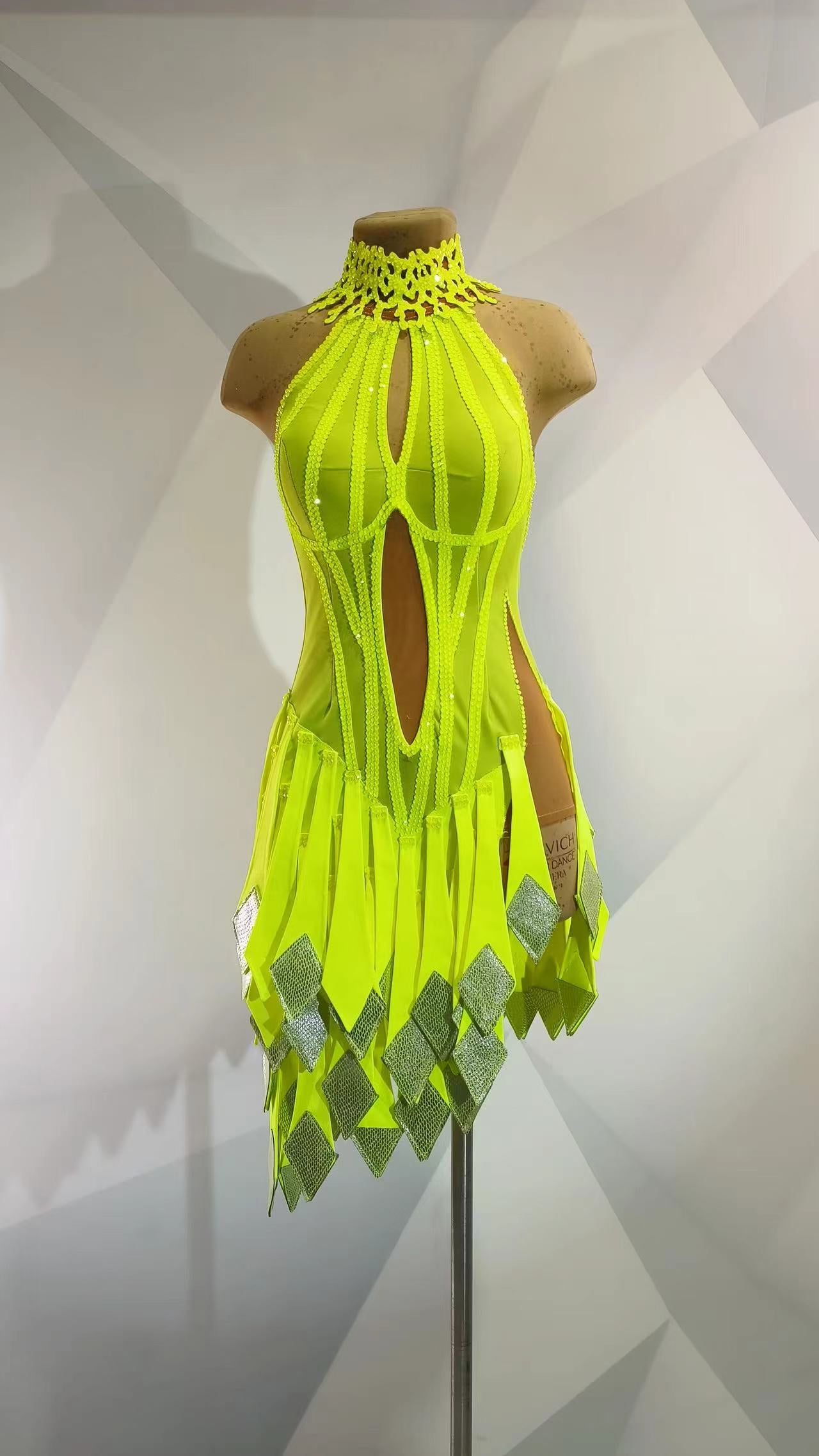 MINEJAS.L012F Neon Yellow Cut-Out Latin Dance Dress