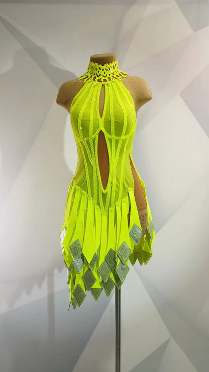 MINEJAS.L012F Neon Yellow Cut-Out Latin Dance Dress