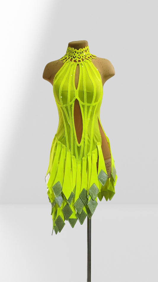 MINEJAS.L012F Neon Yellow Cut-Out Latin Dance Dress