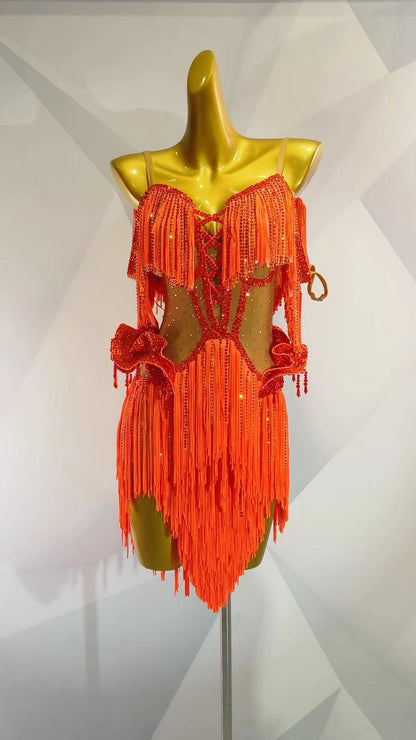 MINEJAS.L011 Vibrant Orange Latin Dance Costume with Fringe and Rhinestone Detailing