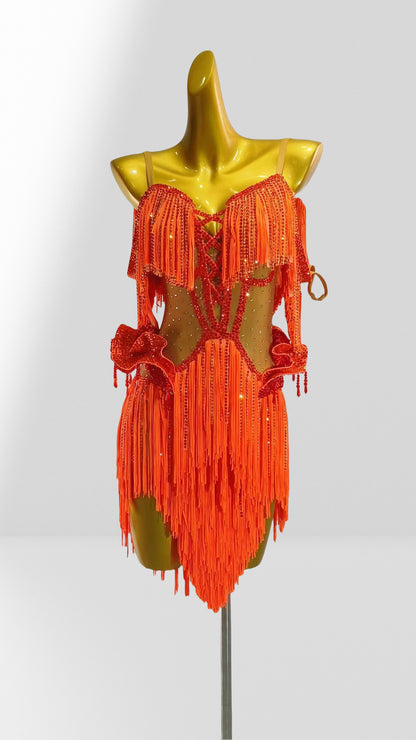 MINEJAS.L011 Vibrant Orange Latin Dance Costume with Fringe and Rhinestone Detailing