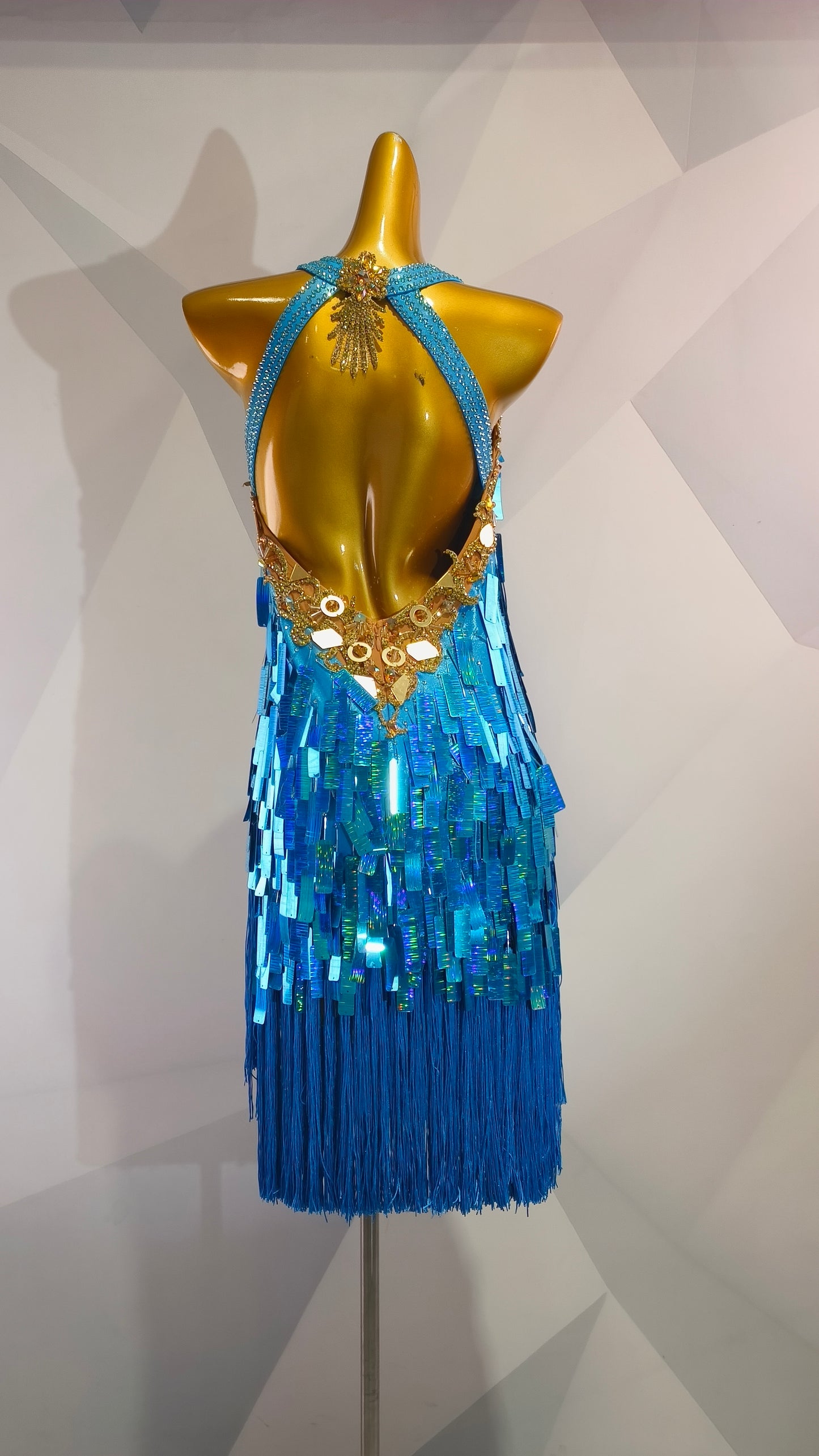 MINEJAS.L007F Gold and  Blue Sequins  Fringe Dress