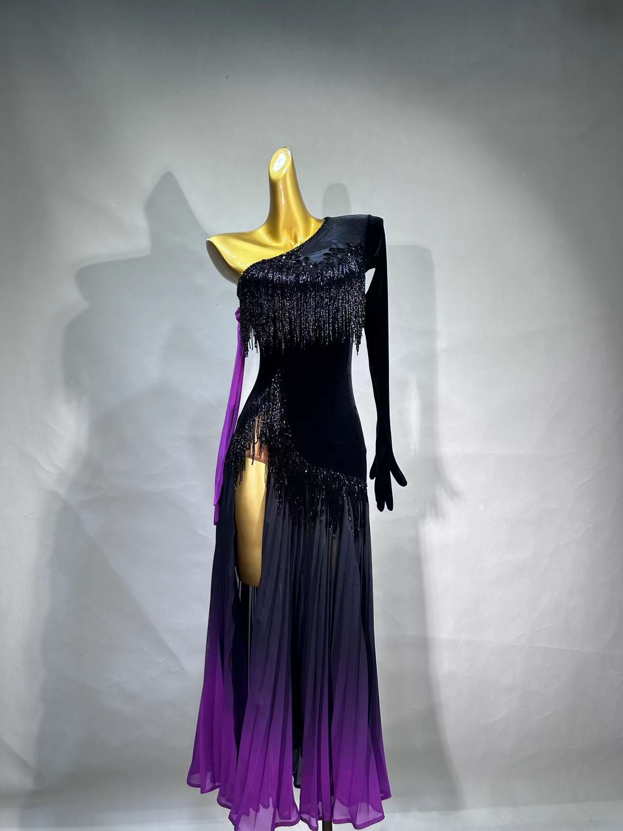 MINEJAS.L005F Elegant Black and Purple One-Shoulder Smooth Dance Dress