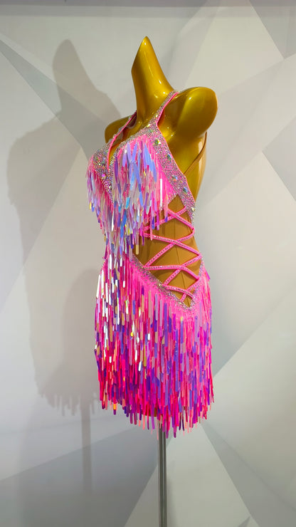 MINEJAS.L006F Pink Fringe Latin Dance Dress with Sequin Details