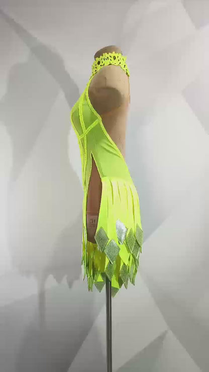 MINEJAS.L012F Neon Yellow Cut-Out Latin Dance Dress